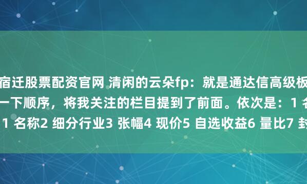 宿迁股票配资官网 清闲的云朵fp：就是通达信高级板，我在编辑栏目里调整了一下顺序，将我关注的栏目提到了前面。依次是：1 名称2 细分行业3 张幅4 现价5 自选收益6 量比7 封成比8 换手%9 ...